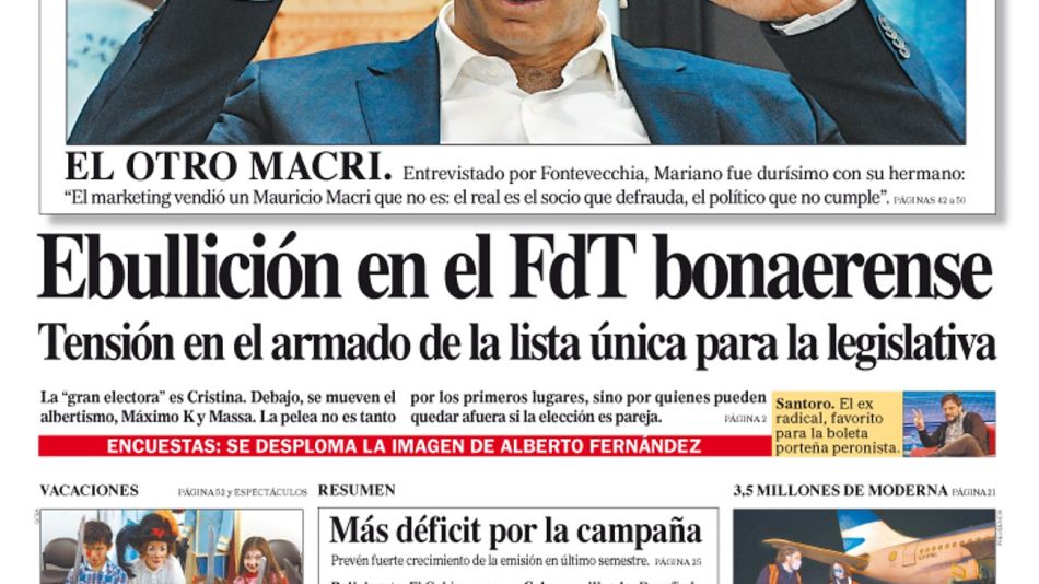 La tapa del Diario PERFIL del domingo 18 de julio de 2021
