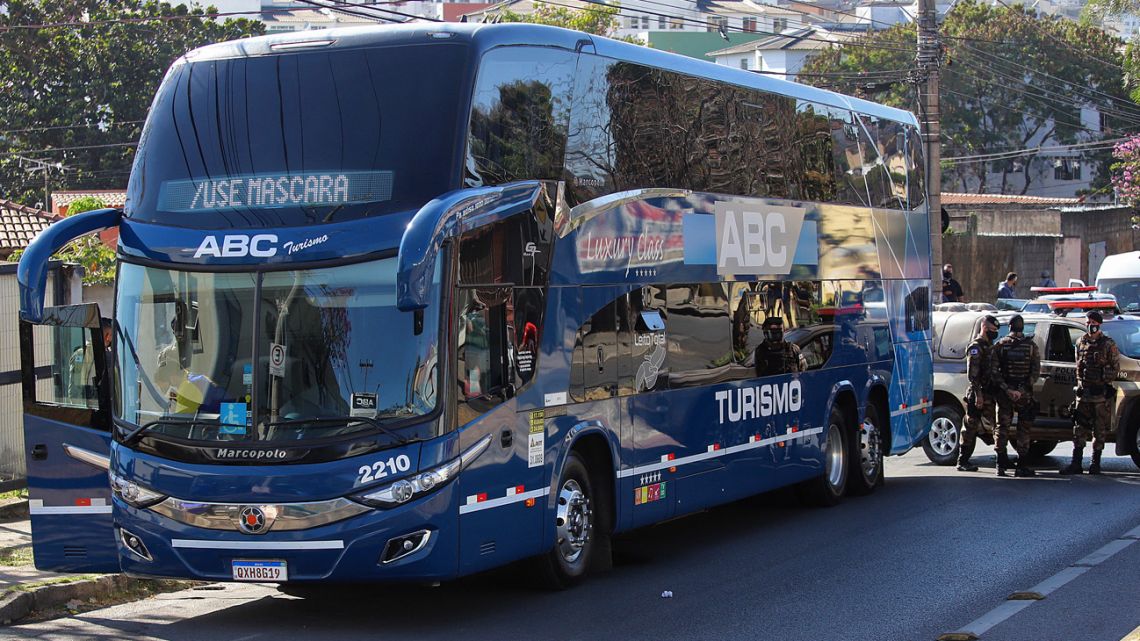 View of Boca Juniors' bus, after the side's players were detained by the Brazilian military police after brawls at the end of the previous night's Copa Libertadores match against Brazil's Atlético Mineiro in Belo Horizonte, on July 21, 2021. 