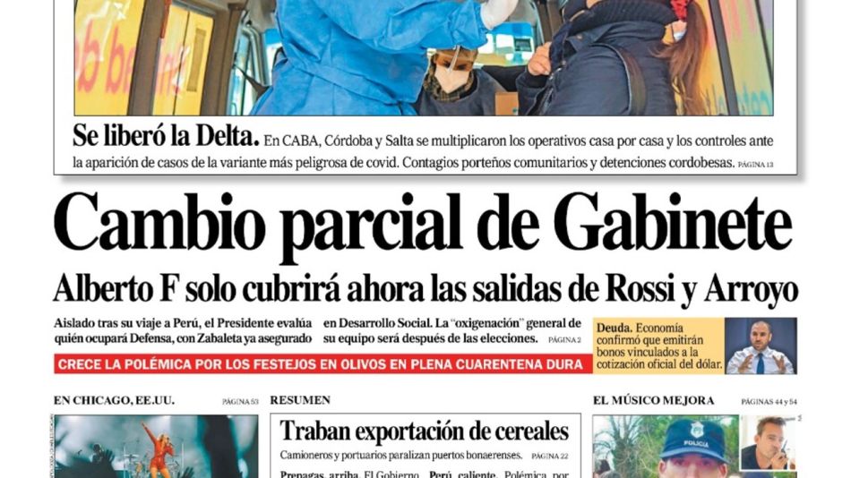 La tapa del Diario PERFIL de este sábado 31 de julio de 2021.