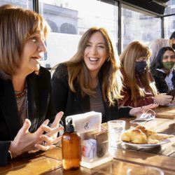 Opposition leader Patricia Bullrich (left) and candidate for deputy in Buenos Aires Province, María Eugenia Vidal (to her right) meet with voters ahead of the 2021 PASO primaries in Buenos Aires City.