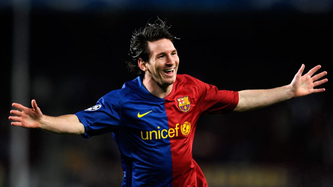 In this file photo taken on November 4, 2008, Lionel Messi celebrates after scoring against Basel during a Champions League football match at the Camp Nou stadium in Barcelona.