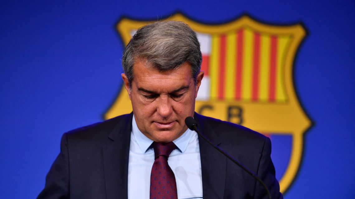 President of FC Barcelona Joan Laporta holds a press conference at the Camp Nou stadium in Barcelona on August 6, 2021 to explain Lionel Messi exit. Soccer star Lionel Messi will leave FC Barcelona after discussions for a new contract failed due to “financial and structural obstacles”. 