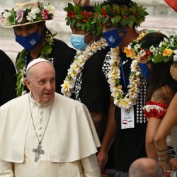 El Papa Francisco posa con fieles de Tahití durante su audiencia general semanal el aula Pablo VI del Vaticano. | Foto:Andreas Solaro / AFP