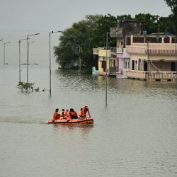 Miembros de la Fuerza Nacional de Respuesta a los Desastres viajan en un bote inflable como parte de una operación de rescate en una zona inundada en Allahabad, mientras miles de indios varados fueron rescatados de las aldeas inundadas a lo largo del Ganges después de que el río superó su nivel de peligro en el estado más poblado del país. | Foto:Sanjay Kanojia / AFP