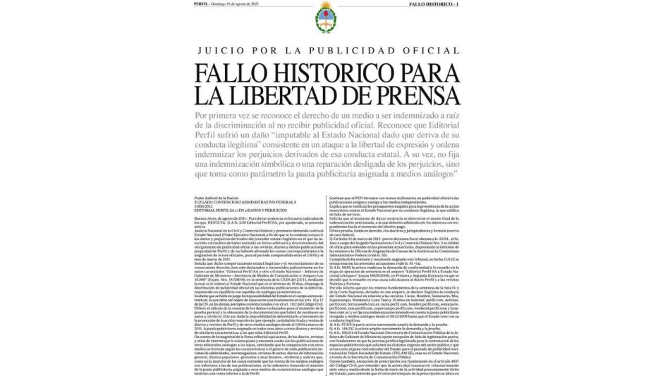 Perfil logró un fallo de enorme trascendencia para el periodismo argentino.