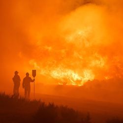 Los bomberos actúan en el lugar de un incendio forestal entre Navalacruz y Riofrío, cerca de Ávila, en el centro de España. | Foto:Cesar Manso / AFP
