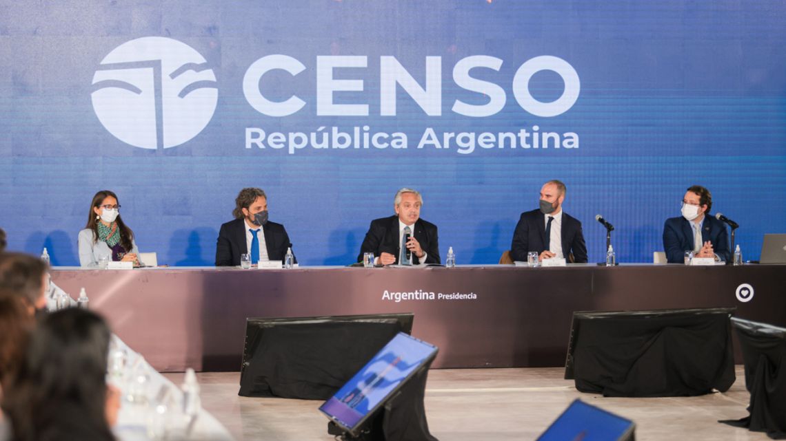 President Alberto Fernandez, flanked by a host of government ministers, leads a press conference to announce the 2022 National Census, delayed by two years due to the coronavirus pandemic.