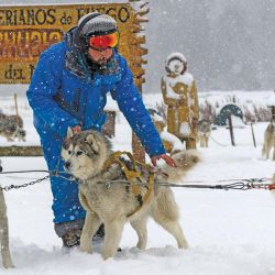 Hugo Flores hosts guests and attaches dogs to a sleigh for tourists to ride at the ‘Siberianos de Fuego’ complex in Valle de las Cotorras, near Ushuaia, Tierra del Fuego Province. 