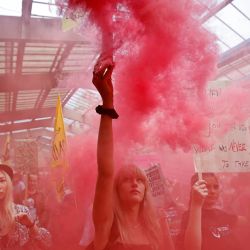 Un activista climático de la Rebelión de la Extinción lanza una bomba de humo en una reunión para una Marcha Nacional por los Derechos de los Animales en el mercado de Smithfield en Londres. | Foto:Tolga Akmen / AFP