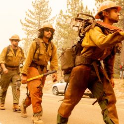 Una cuadrilla de bomberos del Servicio Forestal de Estados Unidos llega al lugar donde las llamas del incendio Caldor amenazan con saltar la autopista 50 en Meyers, California. | Foto:Josh Edelson / AFP