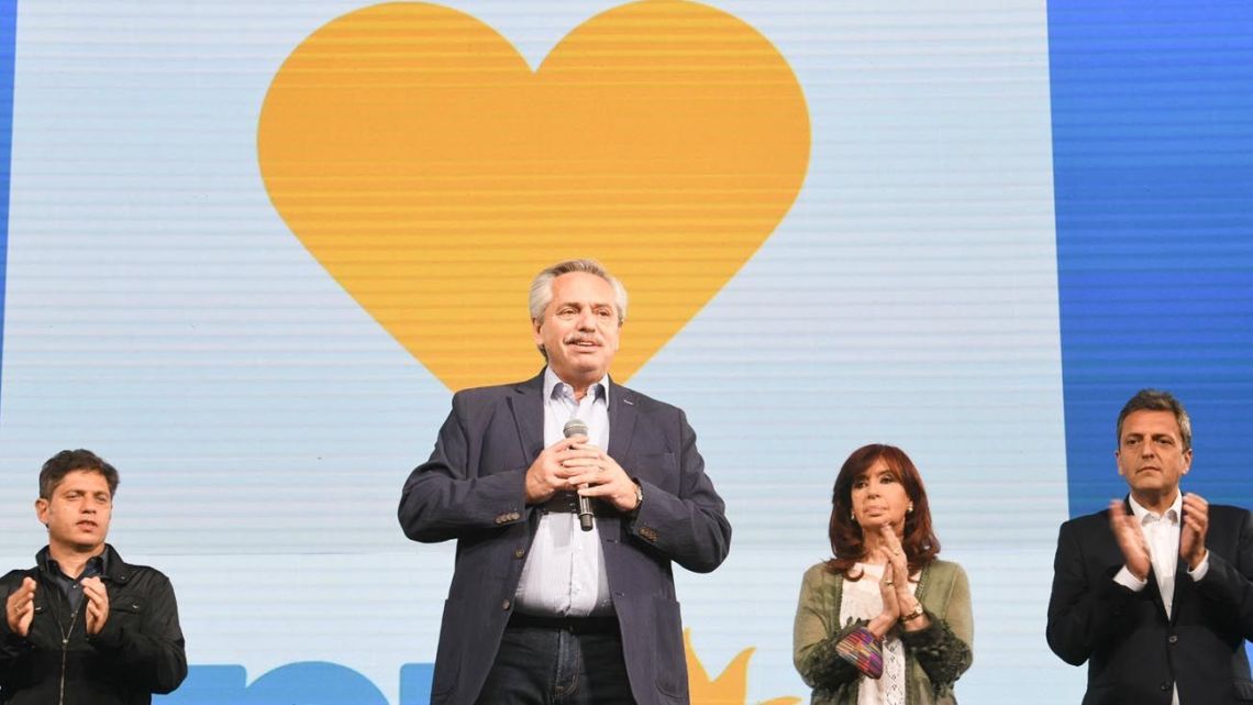 President Alberto Fernández delivers a speech from the Frente de Todos bunker in Chacarita after the government's loss in the PASO primaries.