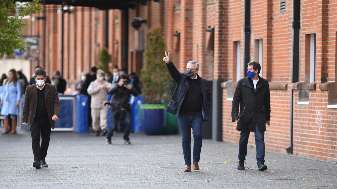 President Alberto Fernández arrives at a polling station in Puerto Madero to cast his vote in the 2021 PASO primaries.