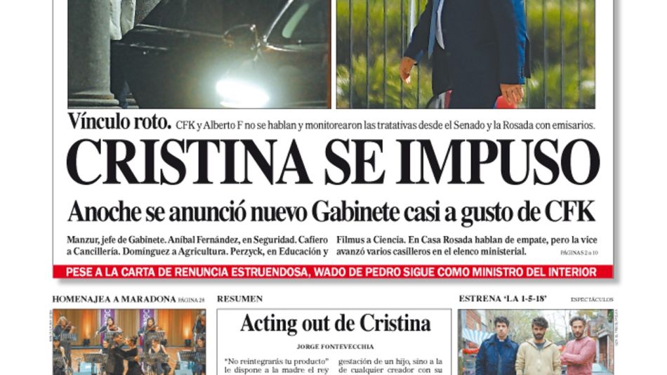 La tapa del Diario Perfil del sábado 18 e septiembre de 2021.