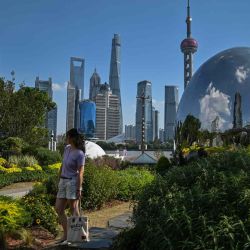 Una mujer posa para una foto para su familia en un parque mientras se ve el distrito financiero de Lujiazui (atrás) en Shanghai.  | Foto:AFP