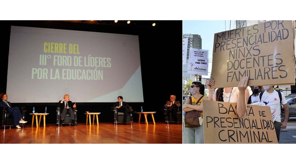 Ministro de Educación. Jaime Perczyk expone en el Foro por la Educación organizado por Perfil, Unicef y la UBA. Sindicato docente Ademys protesta por la presencialidad.