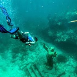 Un turista bucea cerca de la estatua del Cristo del Abismo, rodeada de coral muerto en el lecho marino del Estrecho de Florida, cerca de Cayo Largo, Florida. | Foto:Chandan Khanna / AFP