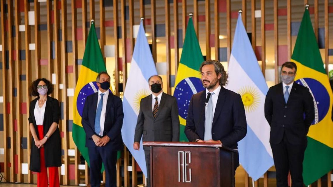 Foreign Minister Santiago Cafiero addresses the press after a meeting with his Brazilian counterpart in Brasilia.