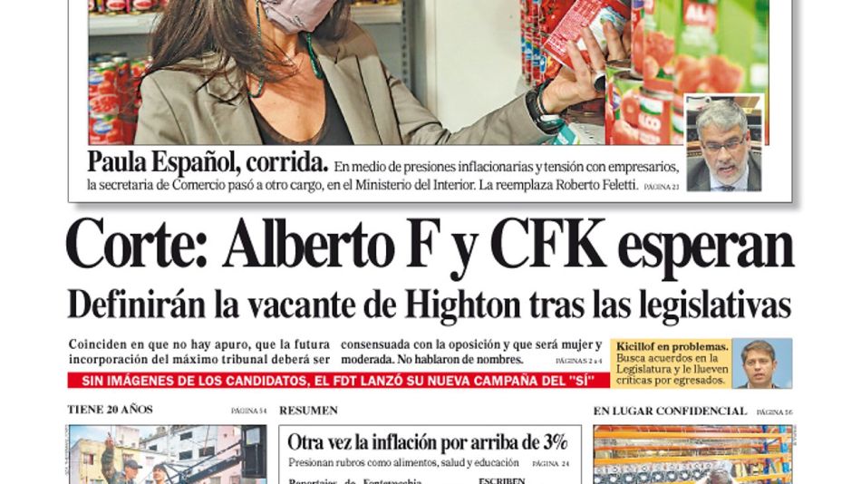 La tapa del Diario PERFIL de este domingo 10 de octubre de 2021