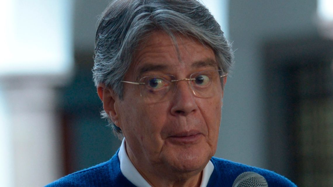 Ecuador's President Guillermo Lasso speaks after meeting with leaders of the Confederation of Indigenous Nationalities of Ecuador (CONAIE), at the Carondelet Palace in Quito, on Octubre 4, 2021. 