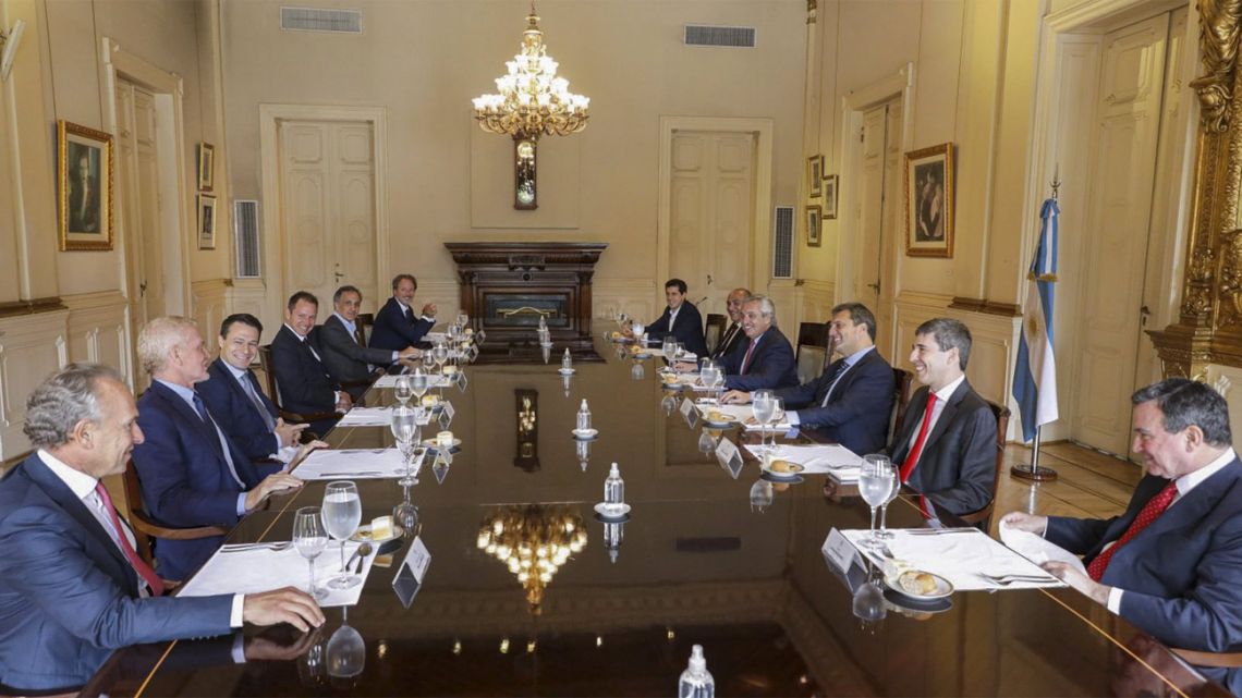 President Alberto Fernández leads a meeting with business leaders and CEOs at the Casa Rosada on Tuesday.