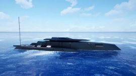 Diseñado por Hannah Hombergen y George Lucian, el barco es un concepto de trimarán híbrido de 77 metros.