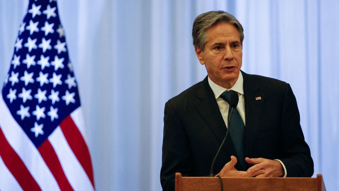 US Secretary of State Antony Blinken speaks during a meet and greet event with personnel of the US Embassy in Ecuador, in Quito, on October 19, 2021. 