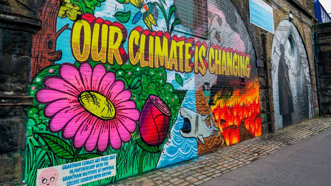 A climate change mural on an archway near to the SEC (Scottish Event Campus) the location for the upcoming COP26 climate talks in Glasgow on Wednesday, October 20, 2021. 