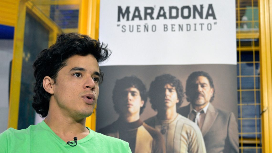 Actor Nicolás Goldschmidt, who plays Diego Maradona at a young age in 'Sueno bendito,' a mini series produced by Amazon Prime, gives an interview at the Bombonera stadium in Buenos Aires.