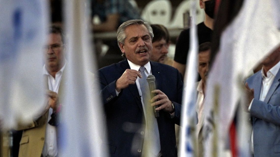 President Alberto Fernández delivers a speech during a homage on the 11th anniversary of the death of former president Néstor Kirchner at the Deportivo Morón stadium in Buenos Aires Province on October 27, 2021.