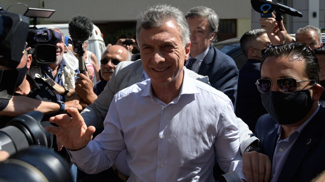 Former president Mauricio Macri arrives to Dolores' town hall prior to appear before hearing before a judge of the federal court of Dolores, Buenos Aires province, on October 28, 2021.