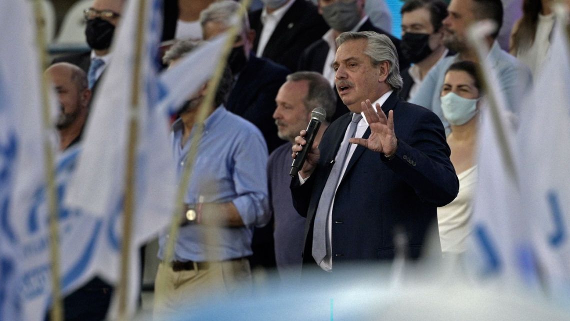 President Alberto Fernández delivers a speech during an event marking the 11th anniversary of the death of former president (2003-2007) Néstor Kirchner at the Deportivo Morón Stadium on October 27, 2021. 