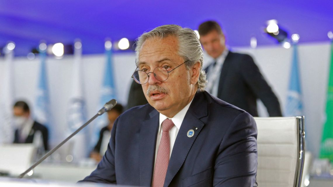 President Alberto Fernández, speaking during the G20 of World Leaders Summit on October 31, 2021 in Rome. 
