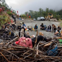 Los manifestantes se sientan frente a los árboles derribados que se utilizan para bloquear la carretera en el campamento de protesta contra la tala de árboles antiguos de Fairy Creek, a 18 km al noreste de Port Renfrew, en la isla de Vancouver, Canadá. | Foto:COLE BURSTON / AFP