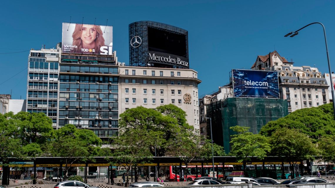 A campaign billboard for Victoria Tolosa Paz, national deputy candidate of the Frente de Todos party for Buenos Aires Province, ahead of the party's campaign rally in Buenos Aires on Thursday, Nov. 11, 2021. 