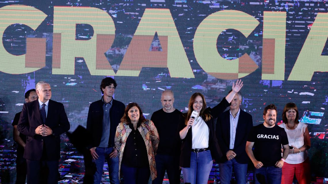 Former Buenos Aires Province governor and candidate for deputy representing the Autonomous City of Buenos Aires for Juntos por el Cambio, María Eugenia Vidal, celebrates with party colleagues and leaders after the midterm elections on November 14, 2021. 