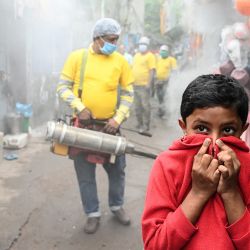 Un niño se cubre la cara mientras un trabajador municipal fumiga una zona de chabolas como medida preventiva contra las enfermedades causadas por los mosquitos en Calcuta. | Foto:DIBYANGSHU SARKAR / AFP
