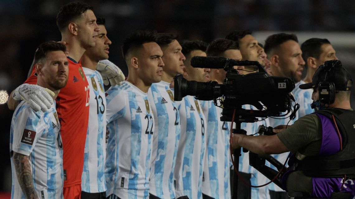 Players of Argentina listen to their anthem before the South American qualification football match for the FIFA World Cup Qatar 2022 against Brazil at the San Juan del Bicentenario stadium in San Juan, Argentina, on November 16, 2021. 
