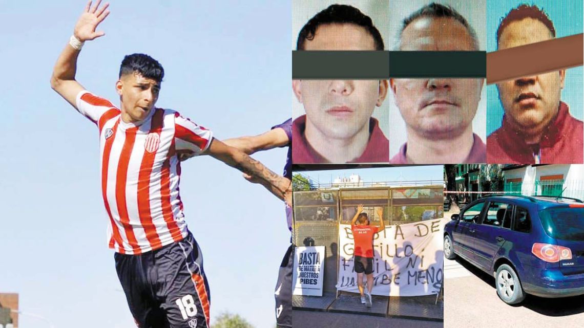 Left: Lucas González, playing for Barracas Central; Top right: The accused; Bottom left: Scenes near the location where Lucas died and the car he was travelling in.