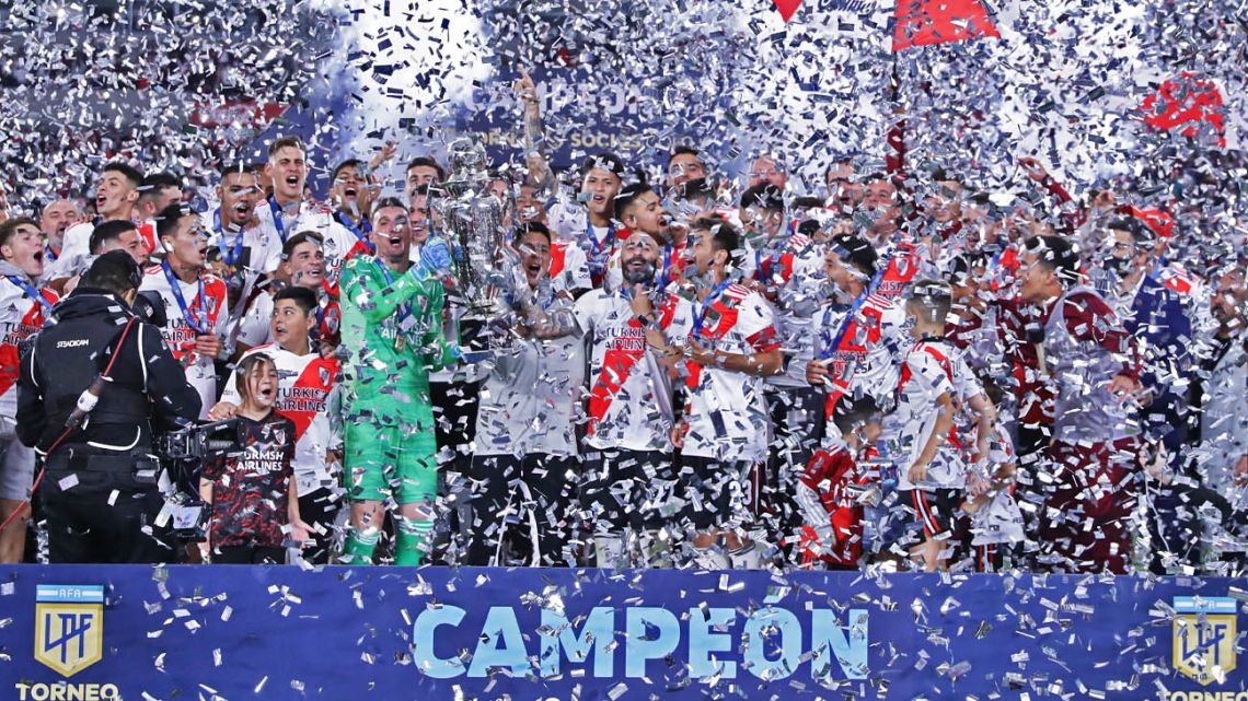 River Plate's players celebrate after clinching the title.