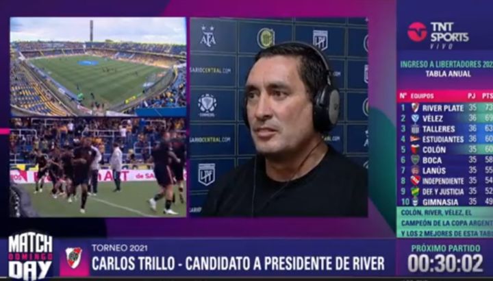 El candidato a presidente de River, Carlos Trillo, en la pantalla de TNT Sports.