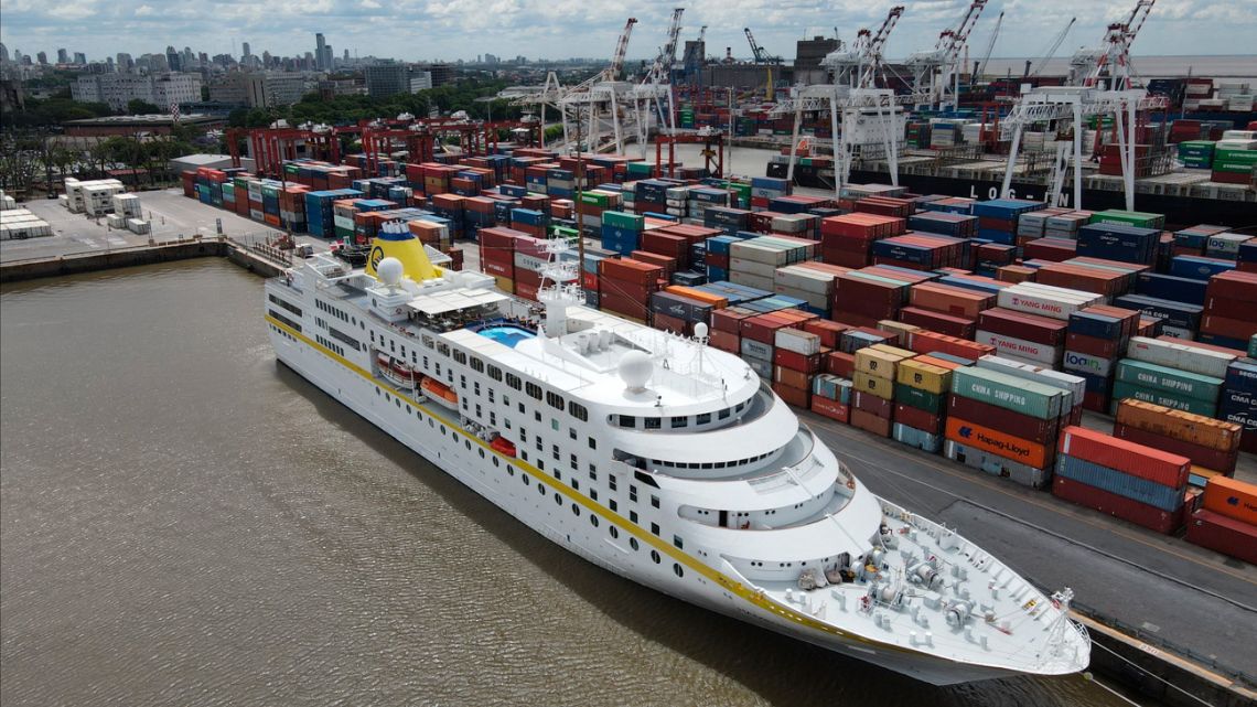 Aerial view taken on November 29, 2021 of the Bahamas-flagged MS Hamburg vessel at a dock in Buenos Aires