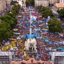 Aerial view of supporters of President Alberto Fernández during a rally in Buenos Aires, on December 10, 2021 commemorating the end of Argentina's 1976-1983 dictatorship. 