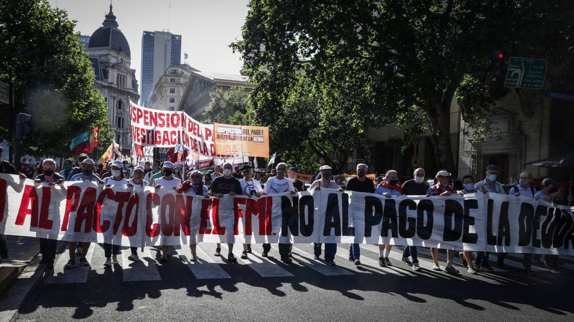 Left-wing groups demonstrate against the agreement of President Alberto Fernández's government with the IMF that seeks to refinance a debt of US$44 billon, in Buenos Aires City, December 11, 2021. 