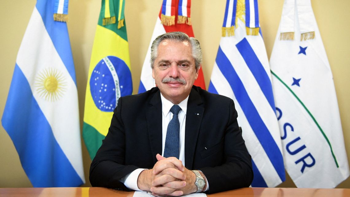 Handout picture released by Presidency press office showing President Alberto Fernández during the online Mercosur Summit, in Buenos Aires on December 17, 2021. 