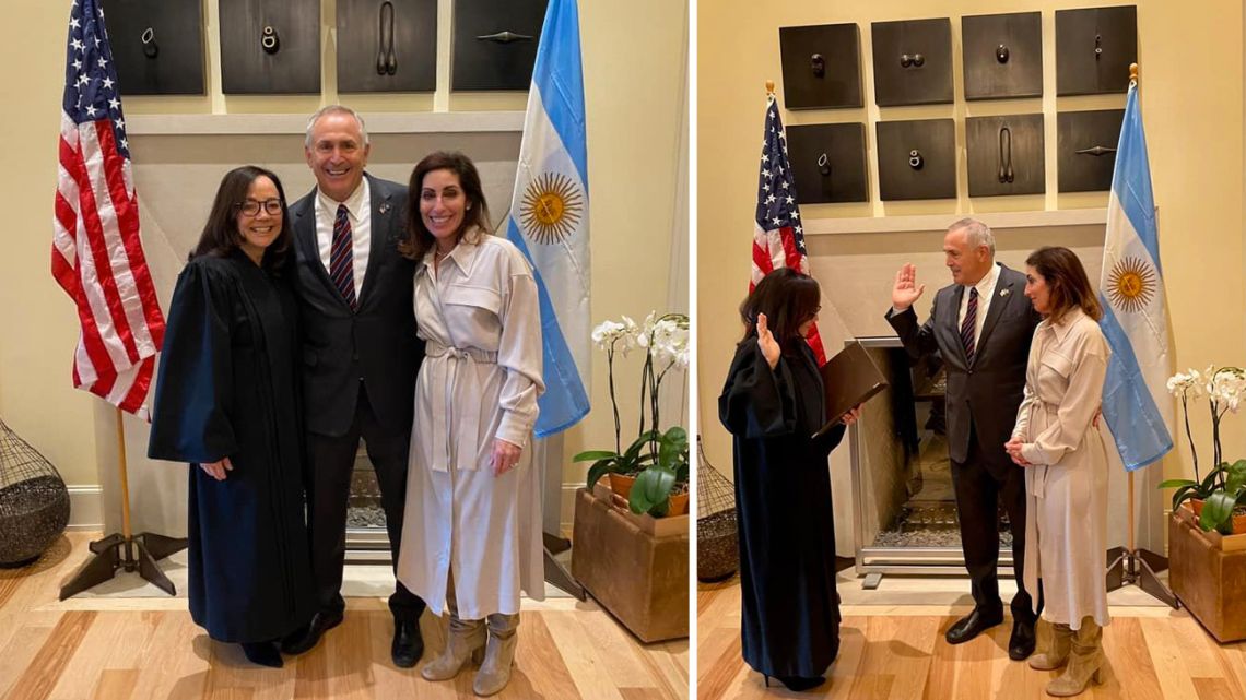 Marc R. Stanley, US President Joe Biden's nominee for ambassador to Argentina, is sworn into office at his home in Dallas, Texas, United States.
