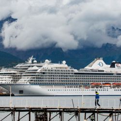 El crucero de bandera noruega Viking Jupiter (en primer plano), con un millar de personas a bordo, entre ellas varias diagnosticadas con COVID-19, permanece atracado en el puerto argentino de Ushuaia, en el extremo sur del país. | Foto:ALEXIS DELELISI / AFP