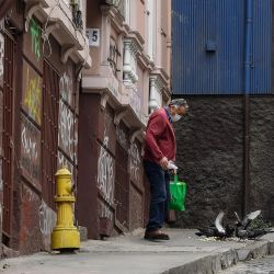 Un hombre alimenta a palomas en una calle, en la ciudad de Valparaíso, Chile. | Foto:Xinhua/Jorge Villegas