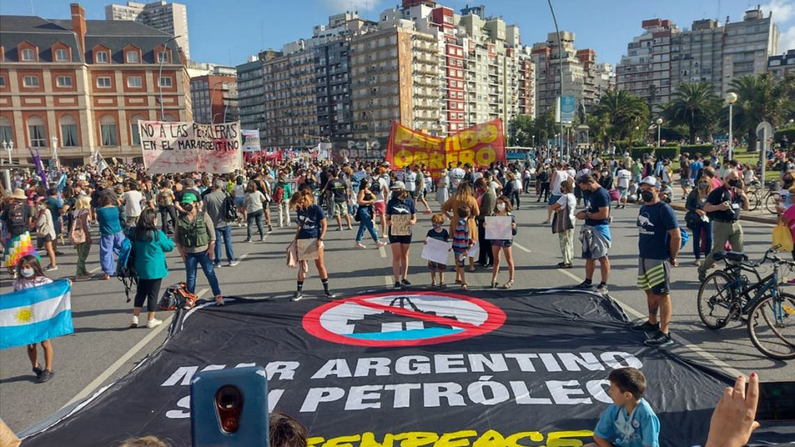 Environmental protesters and left-wing activists march to protest against an oil exploration project off the Atlantic coast.