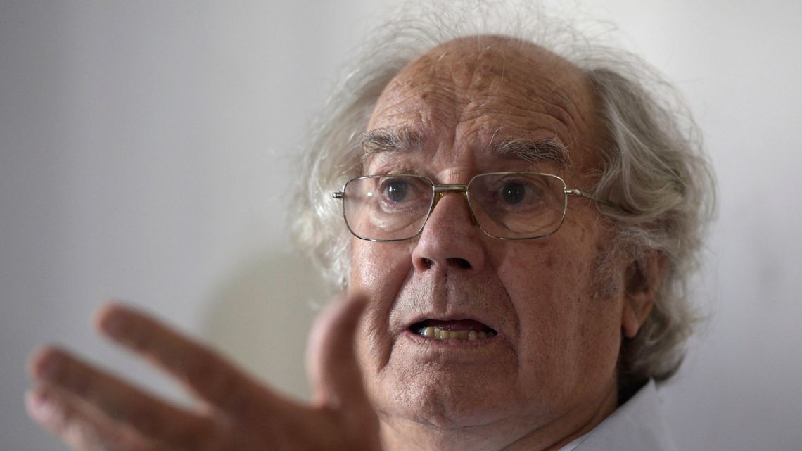 In this file photo taken on March 16, 2016, Nobel Peace Prize winner Adolfo Pérez Esquivel talks to journalists during a press conference in Buenos Aires, a week before the visit of US President Barack Obama to Argentina. 