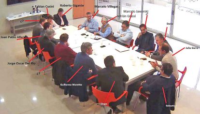La mesa. En el video están funcionarios de Vidal junto a dirigentes de la AFI y empresarios avanzando sobre una causa contra Medina.